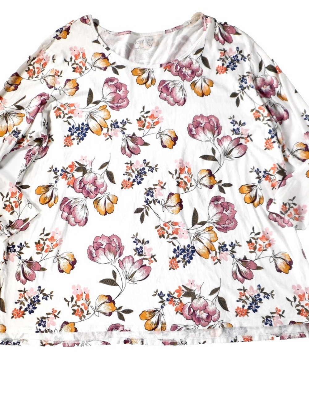 Terra & Sky Cream Floral 3X Plus 24W 26W Tshirt Top Long Sleeve Cotton Blend NEW